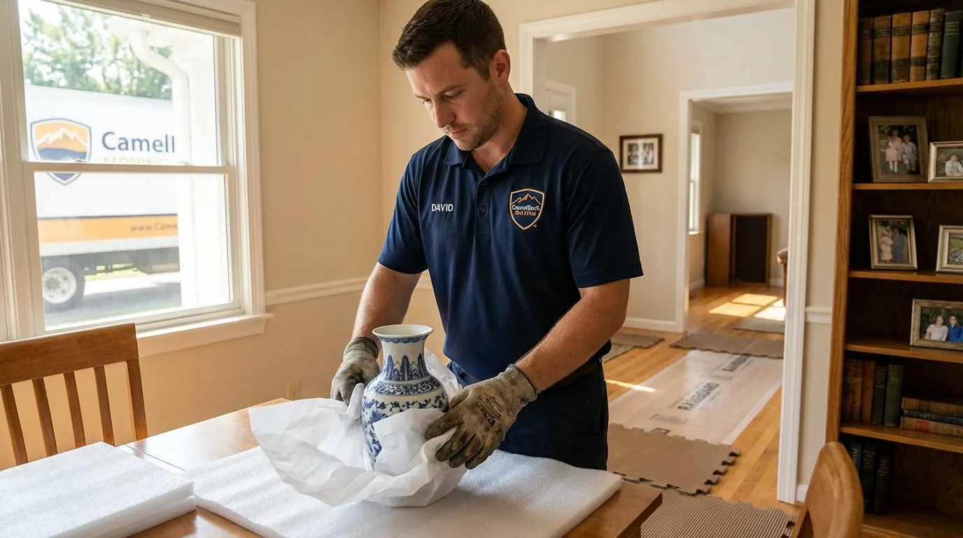 Professional crew carefully wrapping antique vase for senior downsizing move in Duncannon, PA